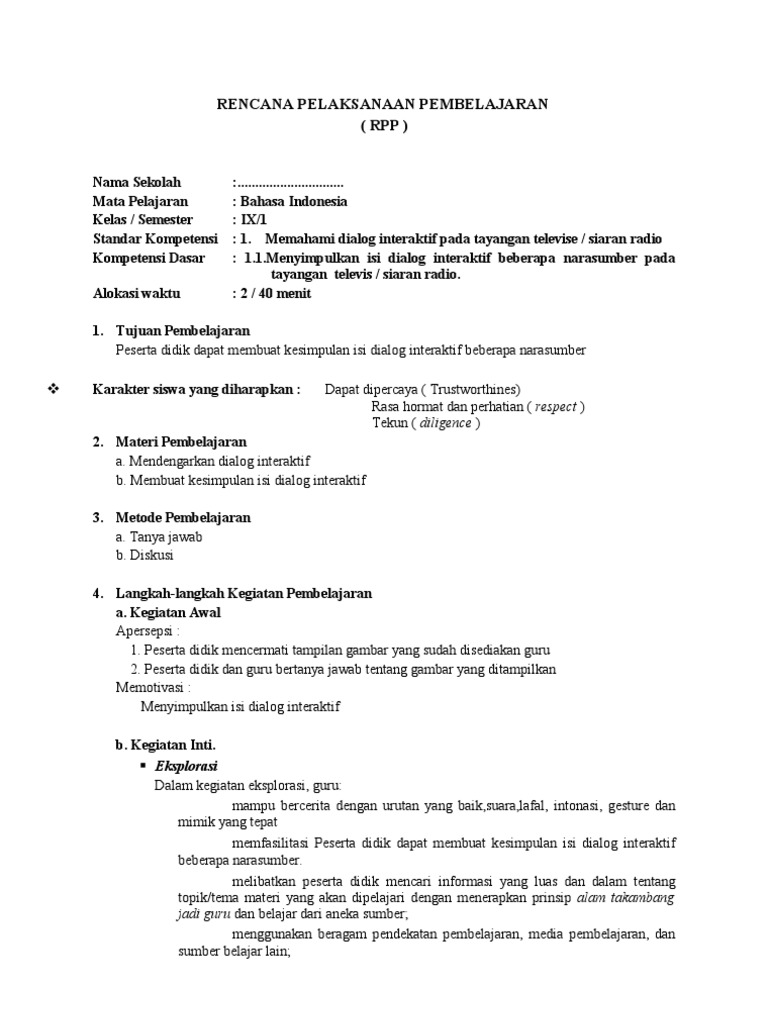 Rpp Bahasa Indonesia Berkarakter Smp Kelas Ix Sms1