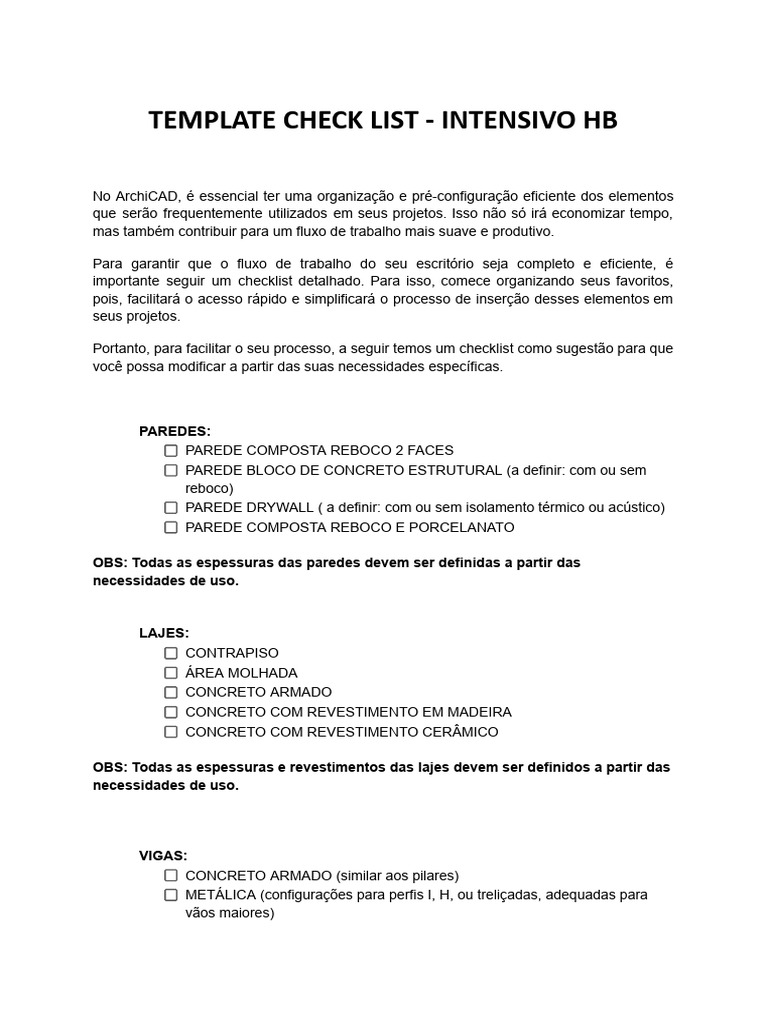 Checklist de Template para ArchiCAD | PDF | Drywall | Engenharia Civil