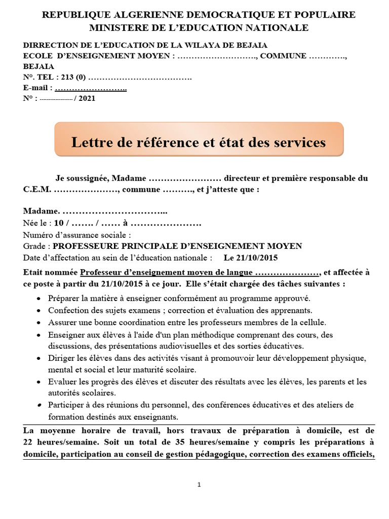 Lettre de référence pour enseignant | PDF | Enseignement