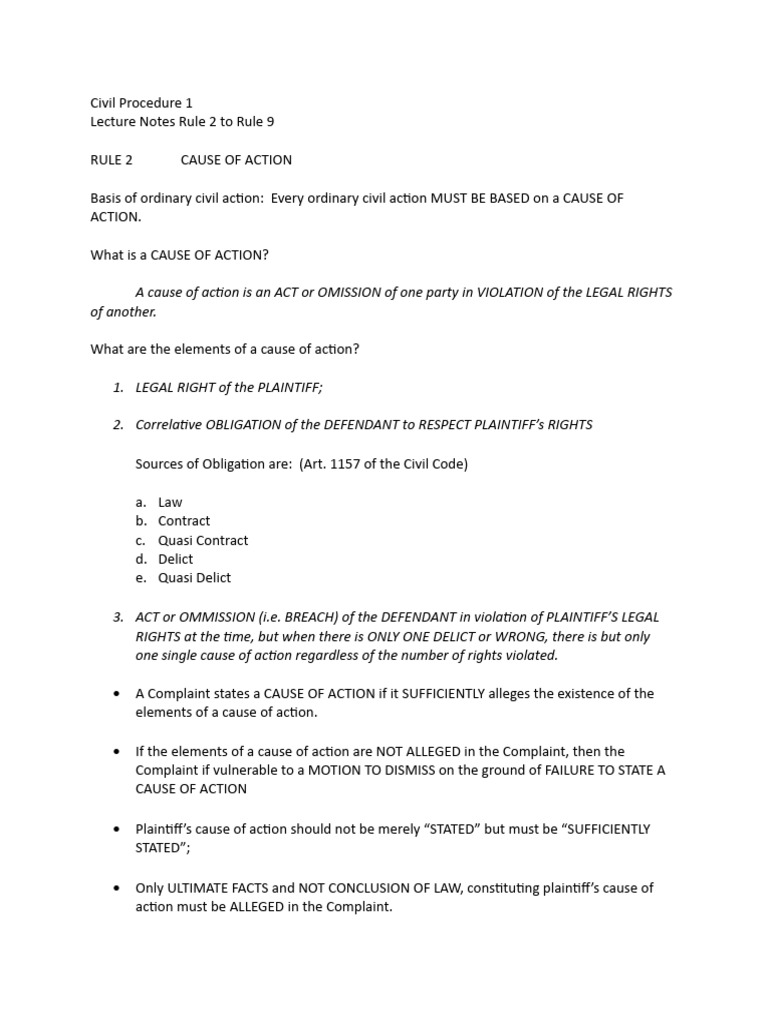 Civil procedure 1 lecture notes rule 2 to 9 pdf lawsuit complaint