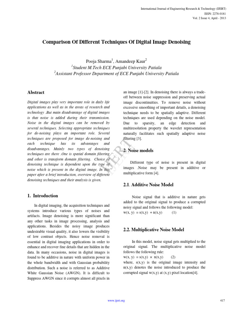 Digital Image Denoising Techniques Comparison | PDF