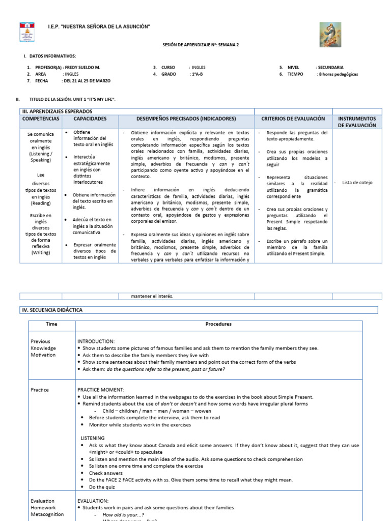 Sesión de Aprendizaje: Inglés 1°A-B | PDF | Idiomas del Reino Unido ...