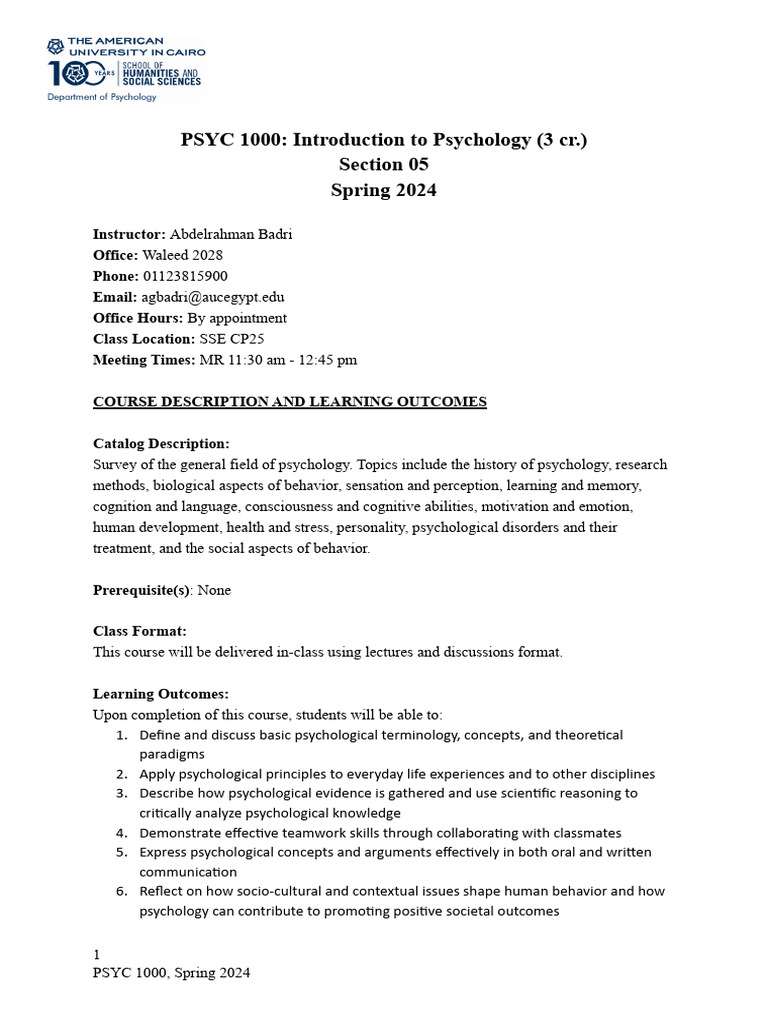 Intro to Psychology Course Syllabus 2024 | PDF | Academic Integrity ...