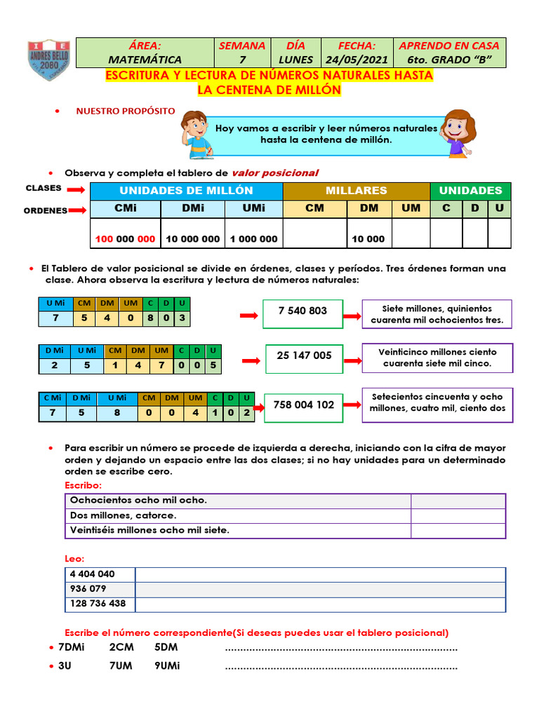 Escritura y lectura de números hasta millones | PDF | Hogar, jardinería ...