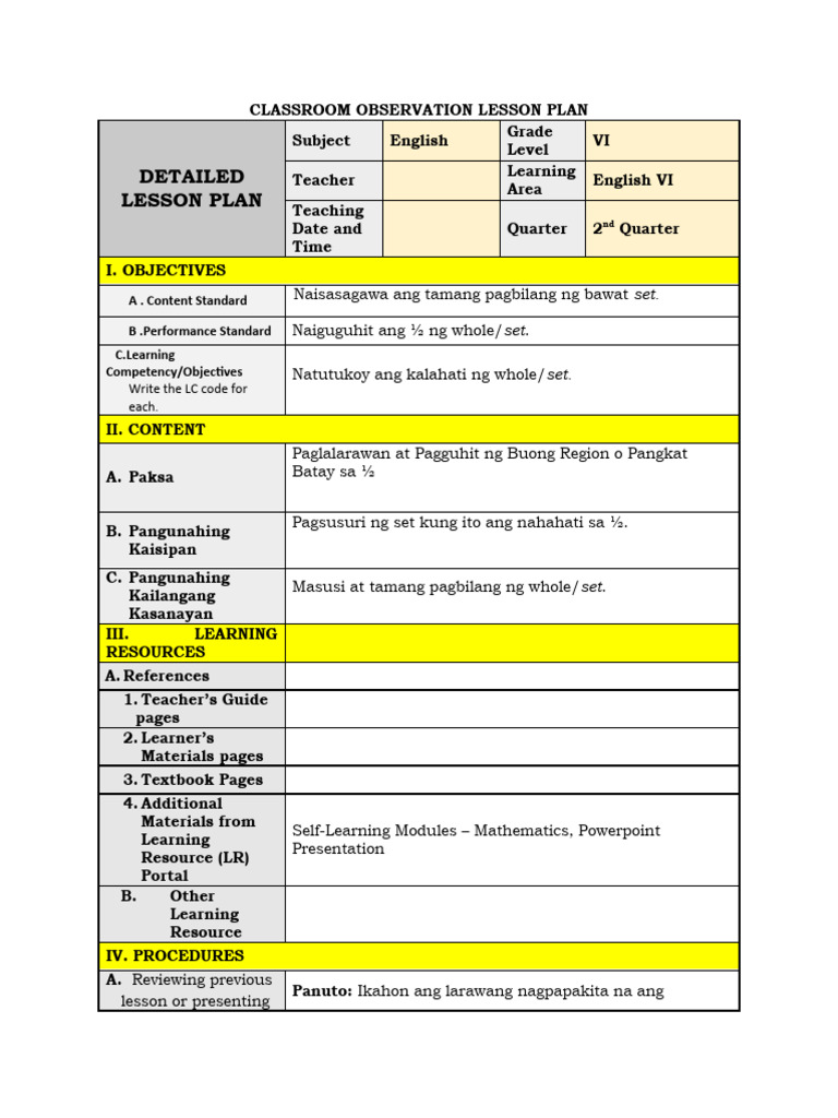 CLASSROOM OBSERVATION LESSON PLAN (ENGLISH) | PDF