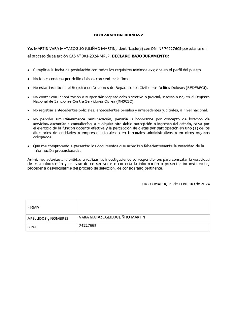 DECLARACION - JURADAS AyB | PDF | Parentesco | Documento de identidad