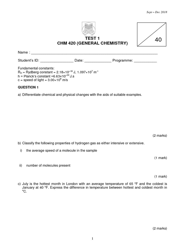 General Chemistry Test Questions 2018 | PDF | Molecules | Atomic
