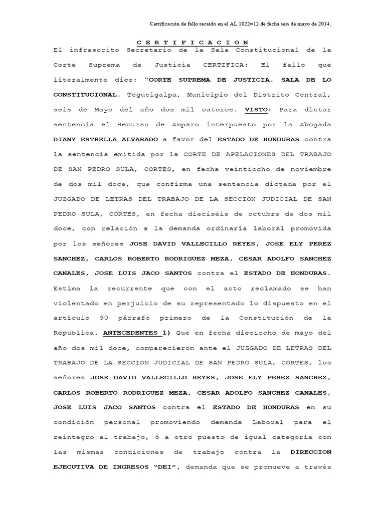 Certificación de fallo AL 1022-12 Honduras | PDF | Jurisdicción ...