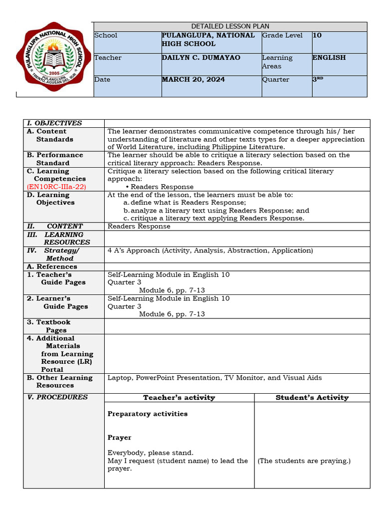 Lesson Plan Readers Response In Literature Pdf Language Arts