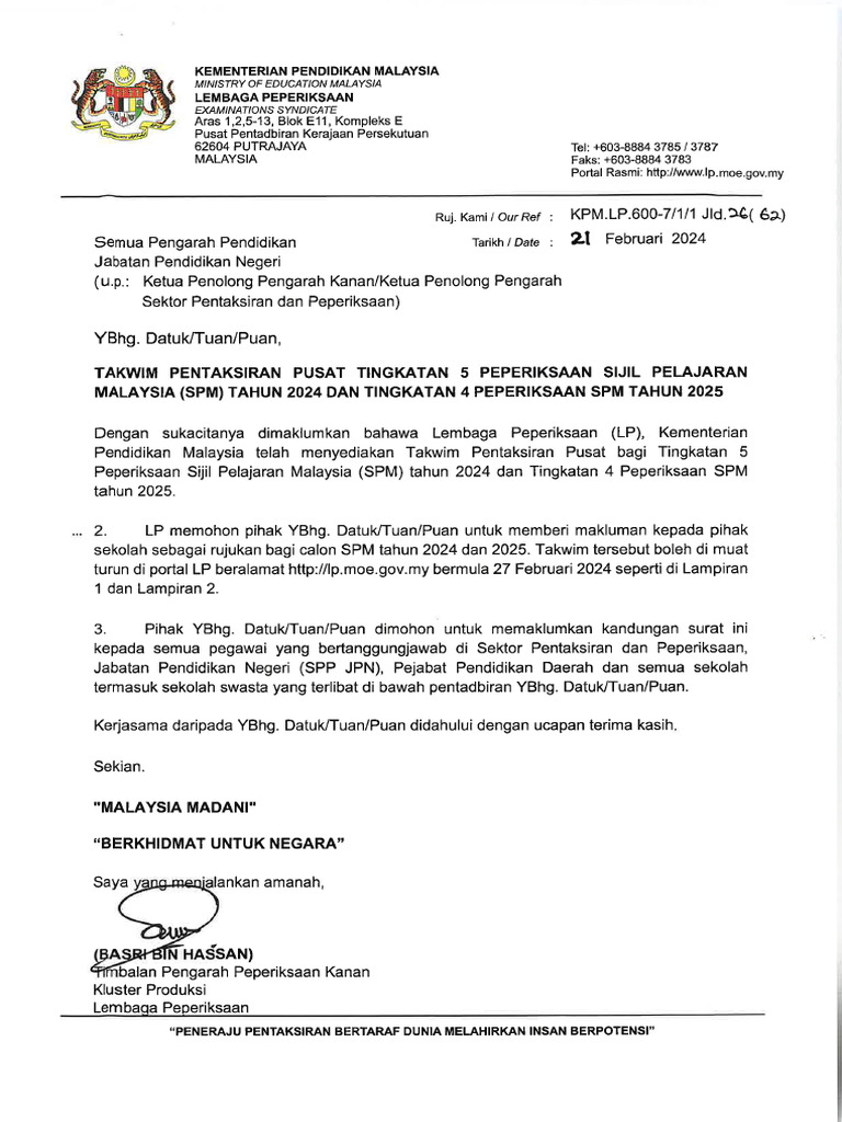 Surat Siaran Takwim Pentaksiran Pusat T5 SPM 2024 dan T4 SPM 2025