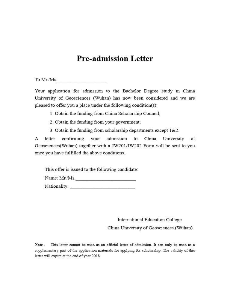 pre-admission letter（本科）未盖章 | PDF | Social Science