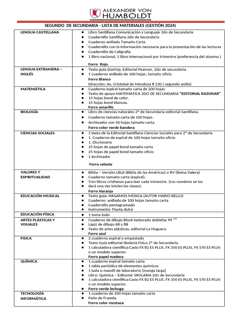 Lista de Utiles 2do de Secundaria | PDF | Educación Secundaria | Cuaderno