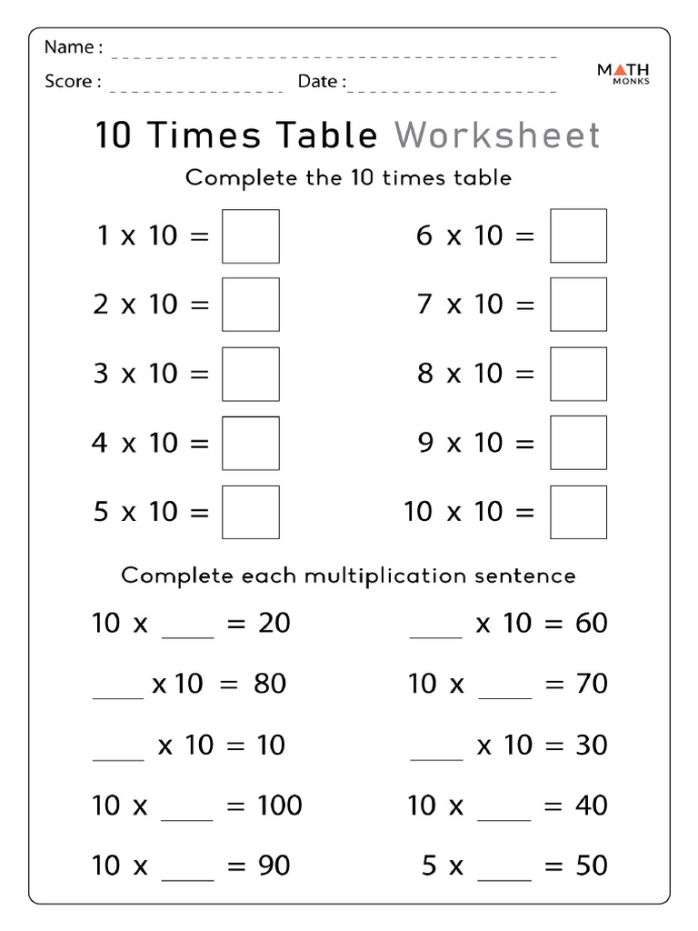 10 Times Table Worksheet PDF 10 Times Table Worksheet PDF