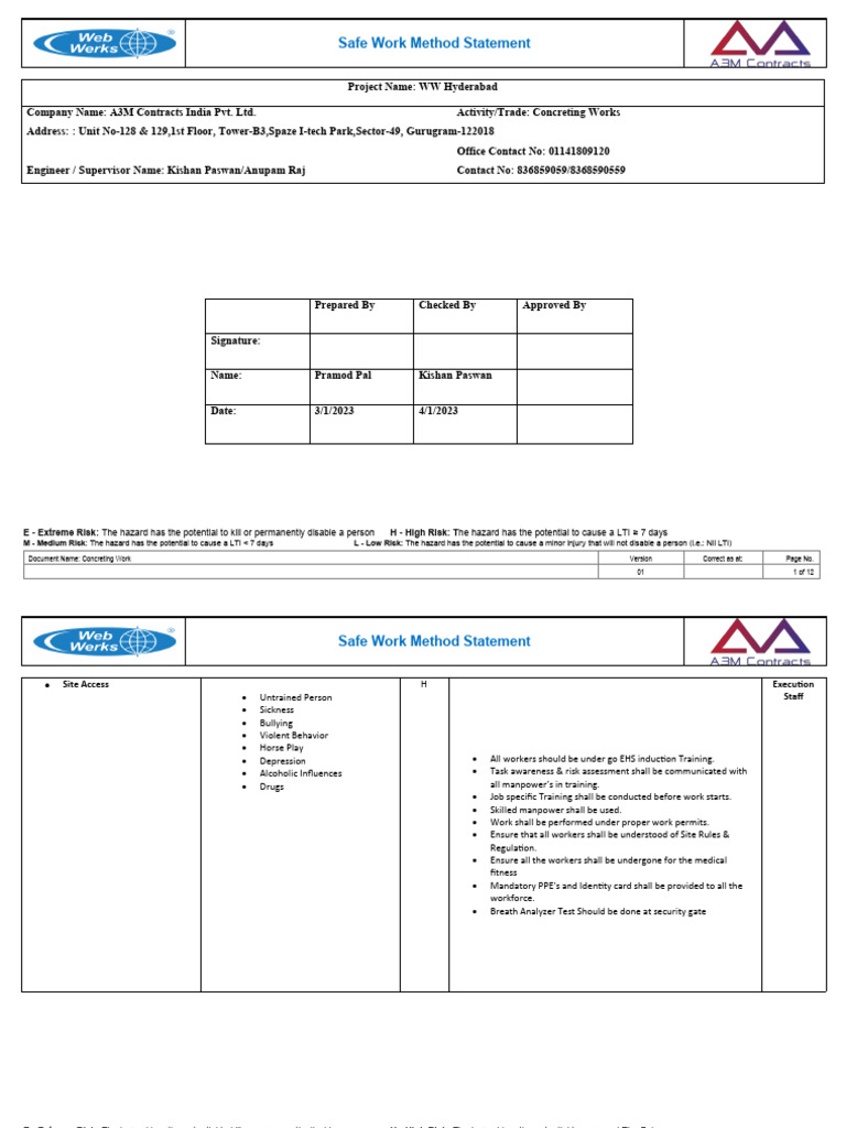 Safe Work Method Statement for Concreting | PDF