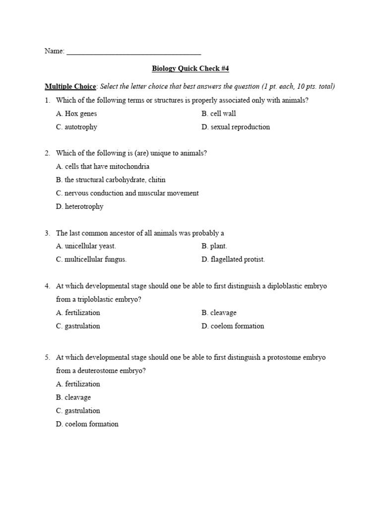 Biology Quick Check: Animal Characteristics | PDF | Embryo | Mollusca