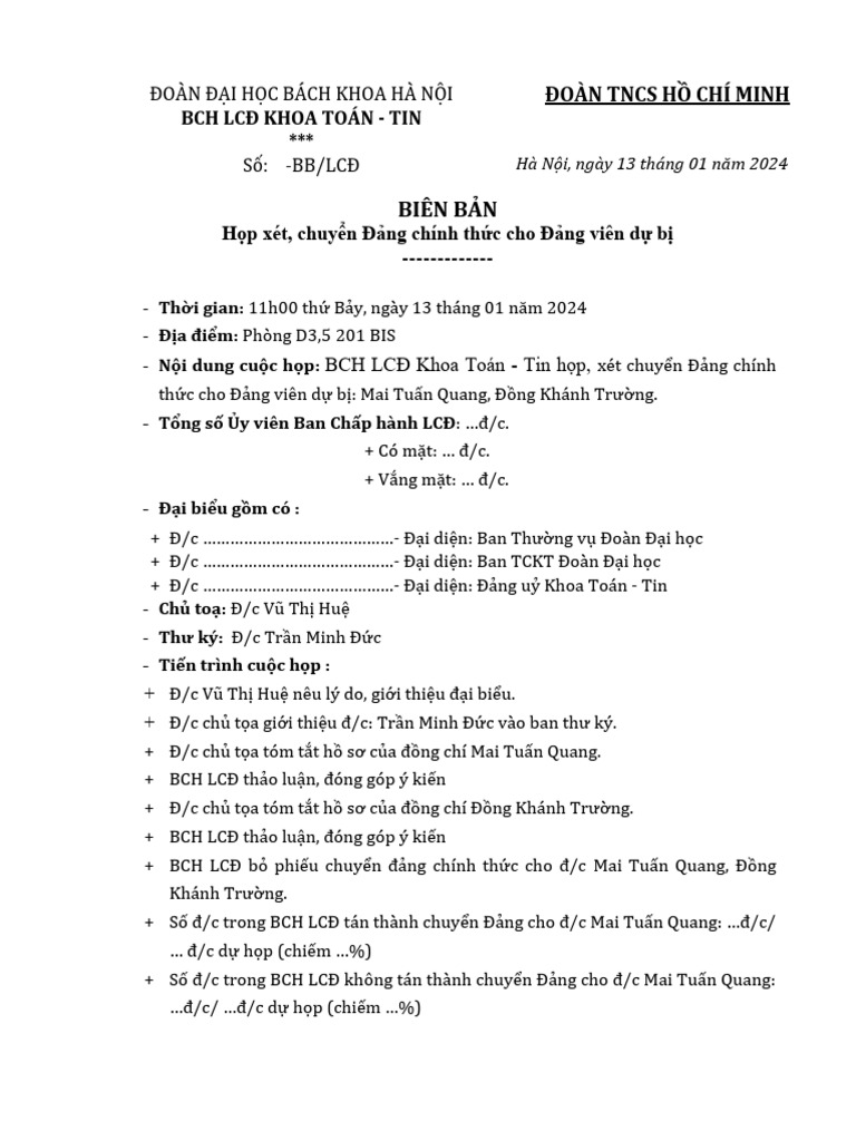Mẫu Biên Bản Họp BCH LCĐ | PDF