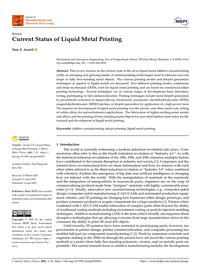 Current Status of Liquid Metal Printing PDF 3 D Printing