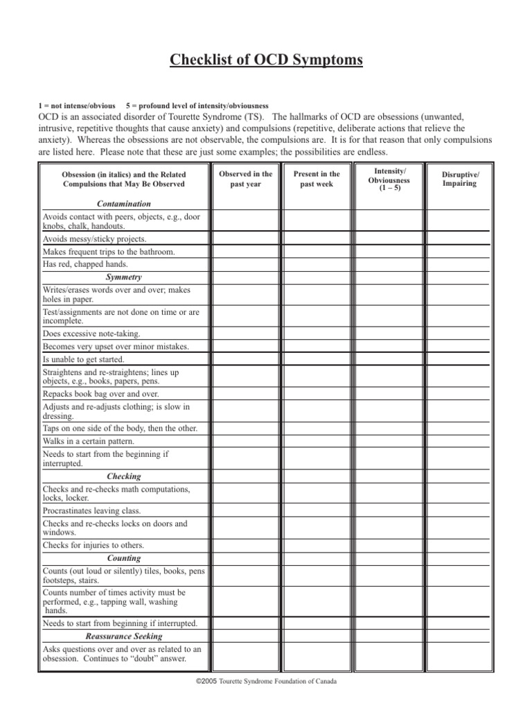 Checklist Ocd | PDF | Obsessive–Compulsive Disorder | Human Diseases ...