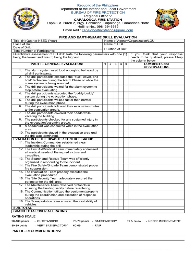 Fire and Earthquake Drill Evaluation Report | PDF | Emergency ...