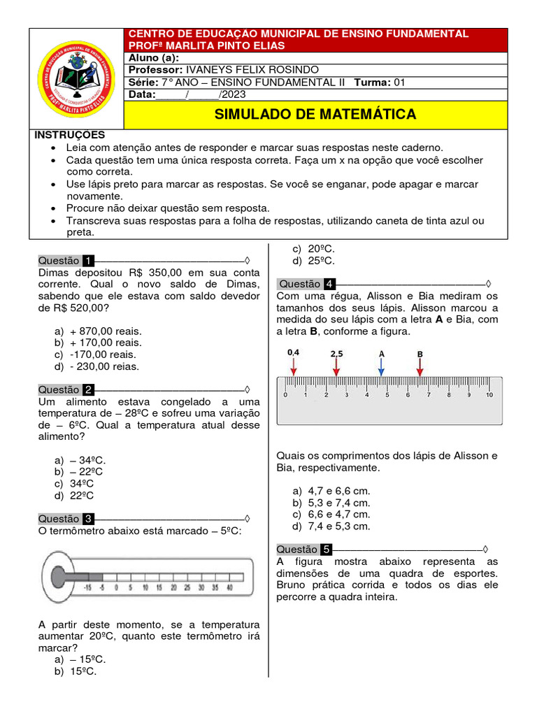 Simulado 7 Ano Matemática Pdf