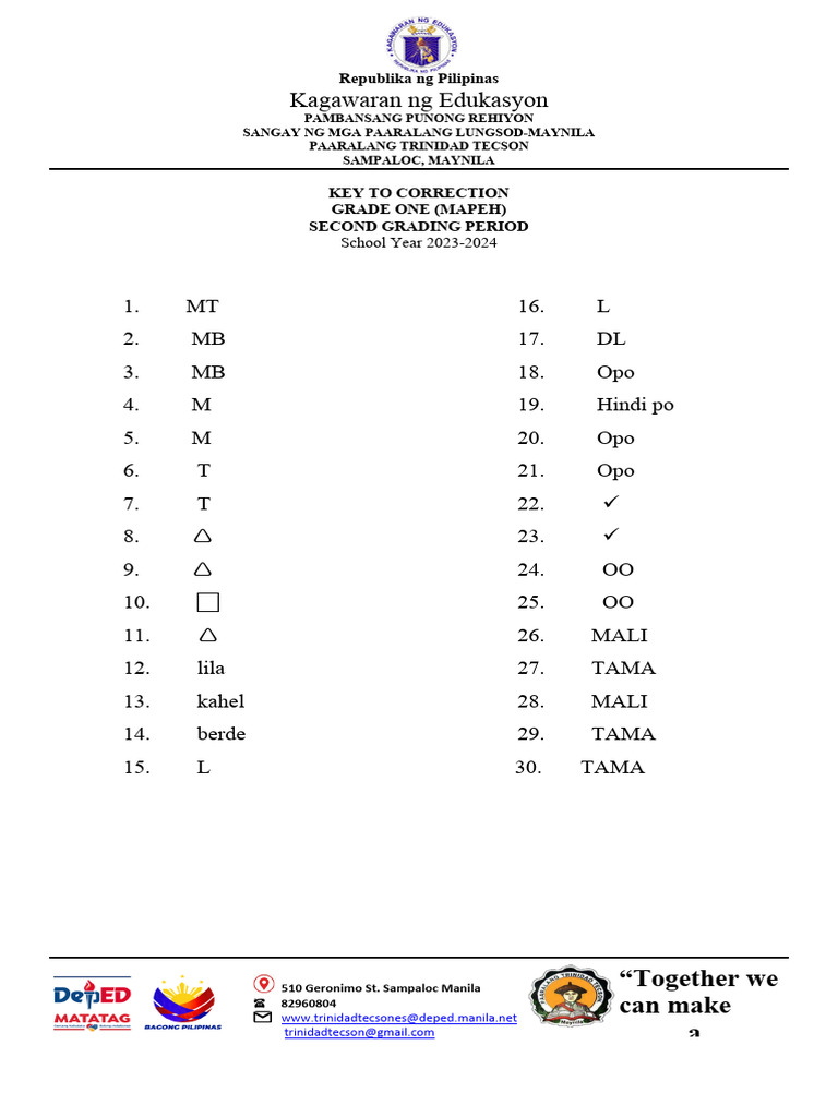Answer - Key in Mapeh - 2ND New | PDF