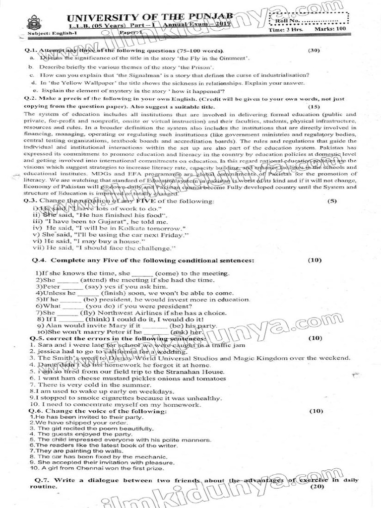 Past paper llb part 1 for 5 year program punjab university english
