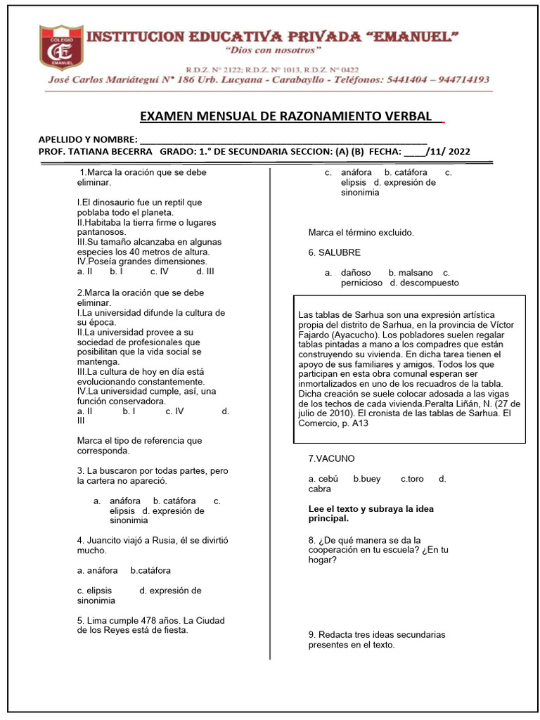 Examen Mensual de Razonamiento Verbal | PDF