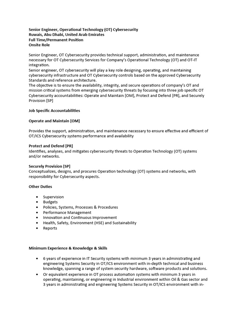 Senior Engineer, OT Cybersecurity Role | PDF | Computer Security | Security