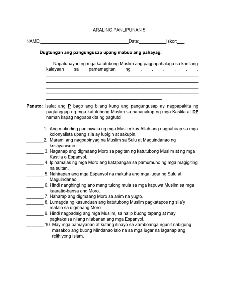 ARALING PANLIPUNAN 5 Activty Sheets | PDF