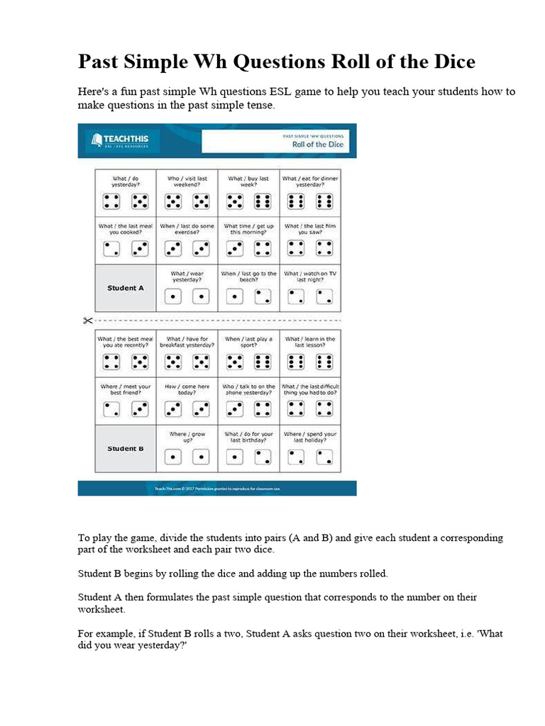 Past Simple WH Questions Roll of The Dice | PDF