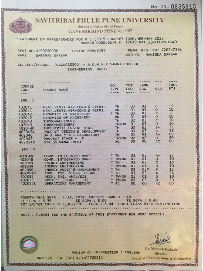 4th Year Marksheet | PDF