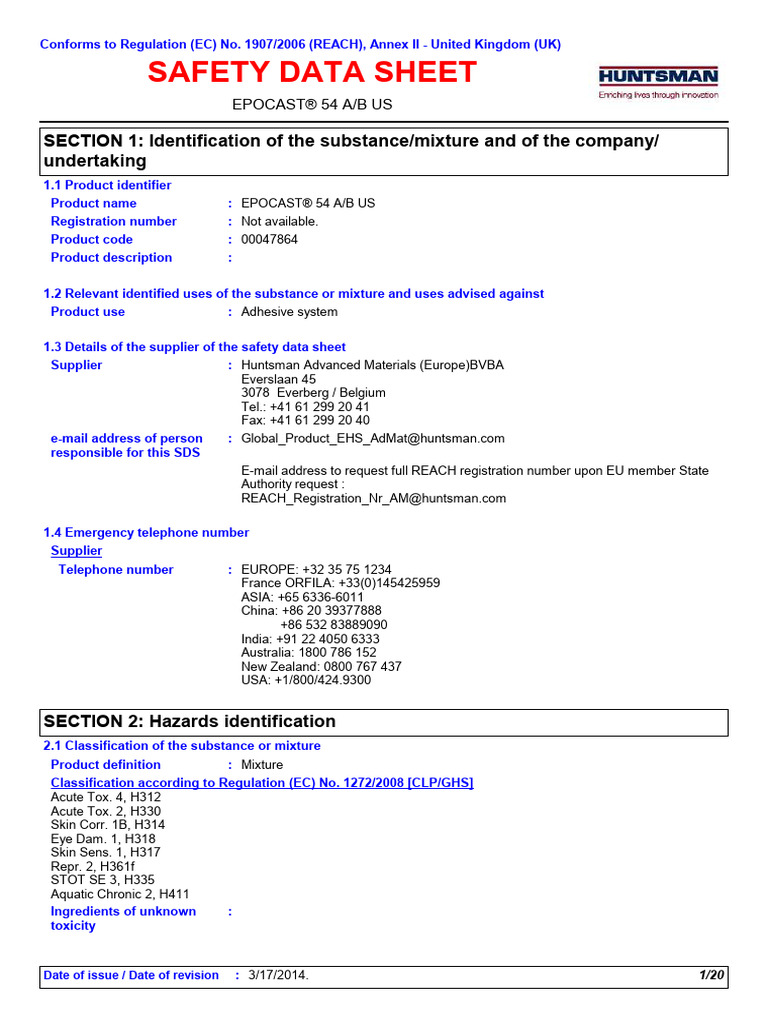 Epocast 54a B | PDF | Safety | Chemistry