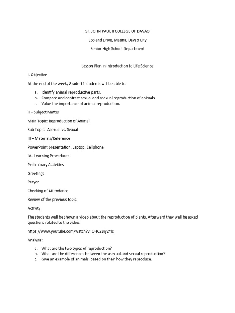 Animal Reproduction Lesson Plan | PDF | Human Body | Reproduction