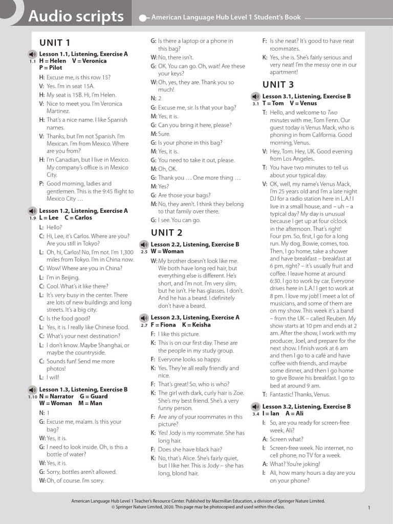 Audio Scripts for American Language Hub Level 1 | PDF