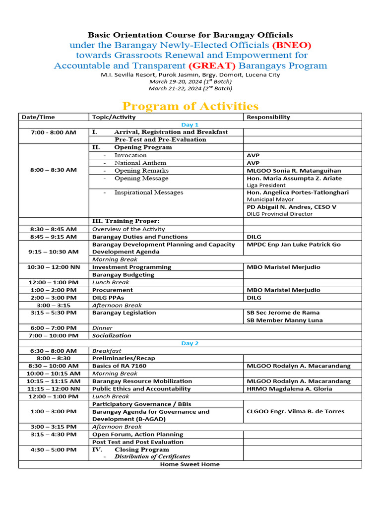 BNEO Orientation for Barangay Officials | PDF