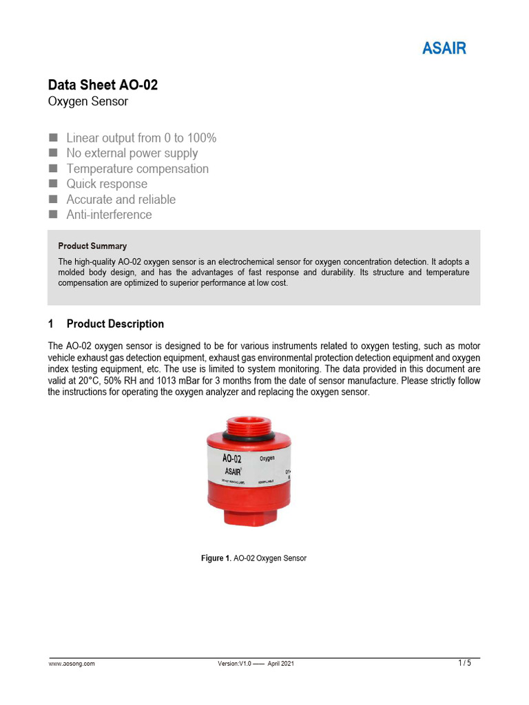 AO-02 Oxygen Sensor Data Sheet | PDF | Sensor | Measuring Instrument