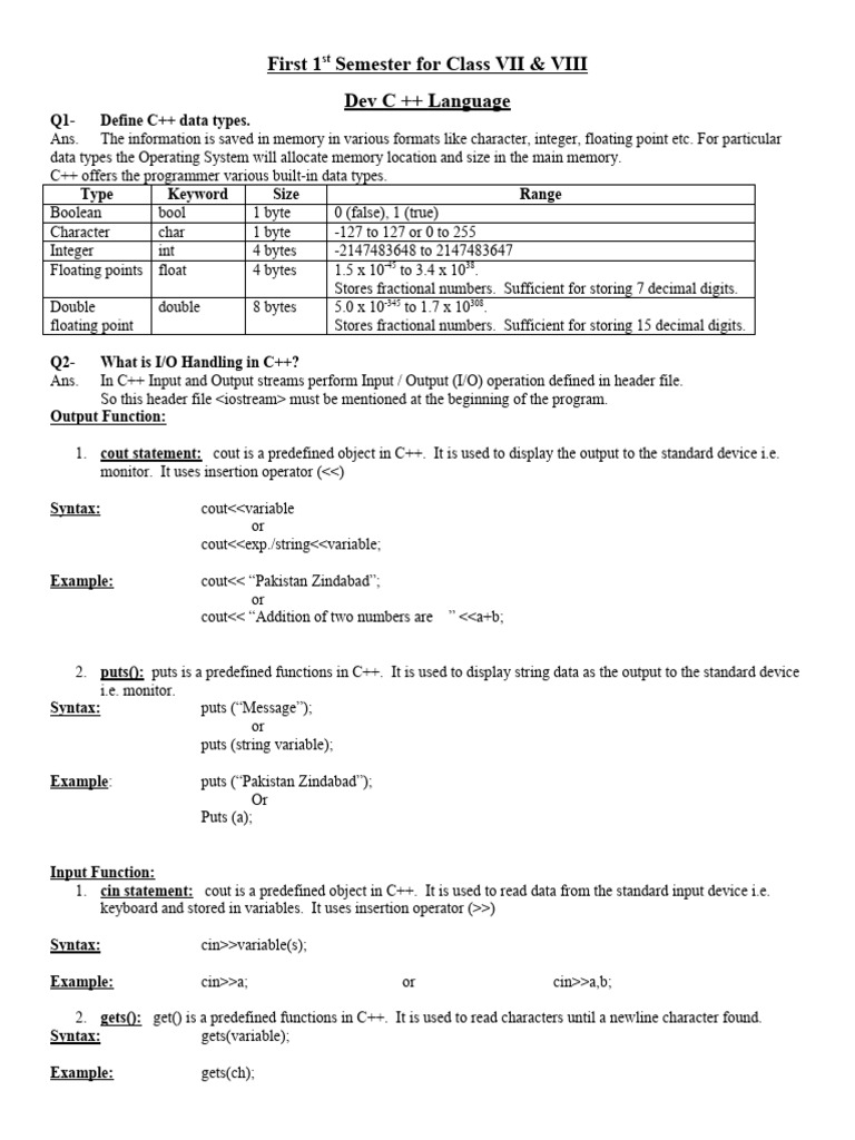 C++ Basics for Class VII & VIII Students | PDF | Boolean Data Type ...