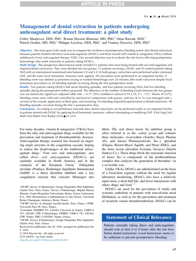 Dental Extractions in Anticoagulant Patients | PDF | Bleeding | Surgery