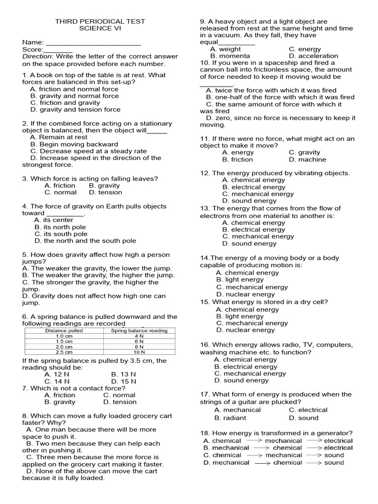 Science VI Periodical Test Questions | PDF | Force | Machines
