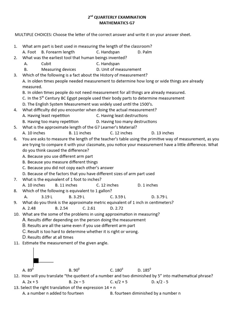 G7 & G10 Mathematics Quarterly Exam | PDF | Subtraction | Mathematics