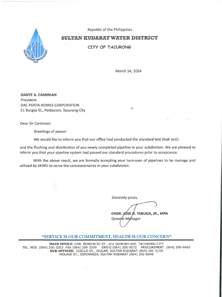 Accptance Letter Sample From Water District | PDF