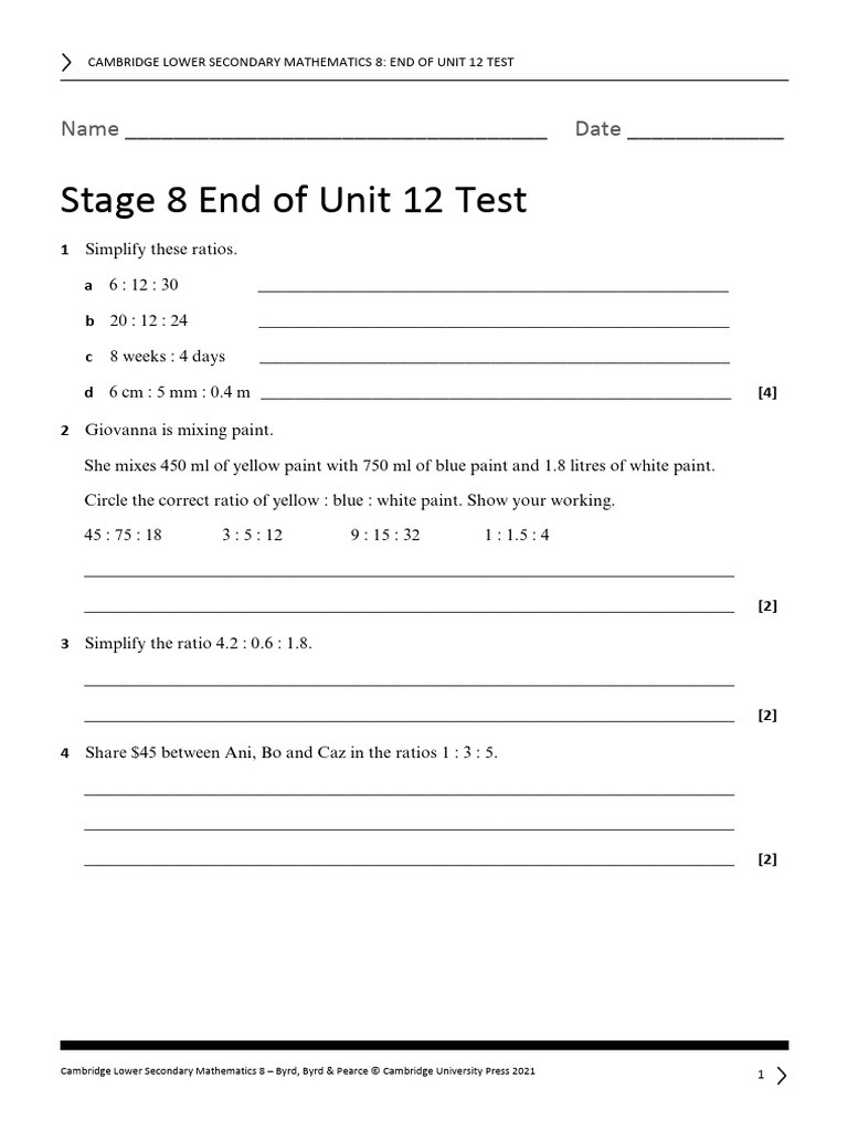 Stage 8 End of Unit 12 Test | PDF | Ratio | Juice