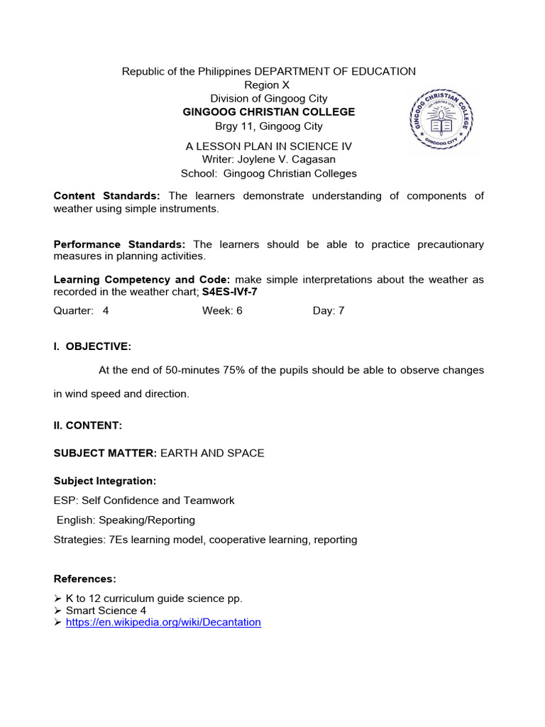 Lesson Plan Science Earth And Space Grade 4 Q 4 Pdf Wind Speed Wound