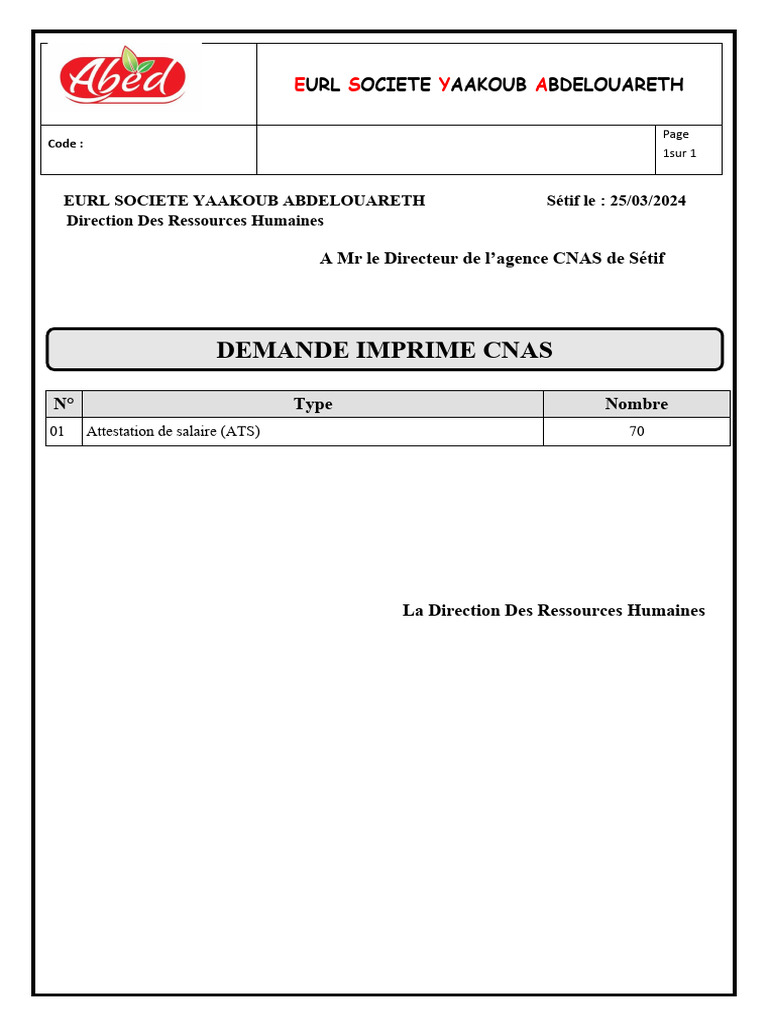 Demande D Imprim s CNAS S tif PDF