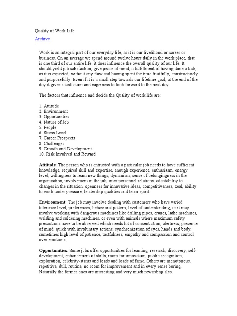 Quality of Work Life | PDF | Contentment | Stress (Biology)