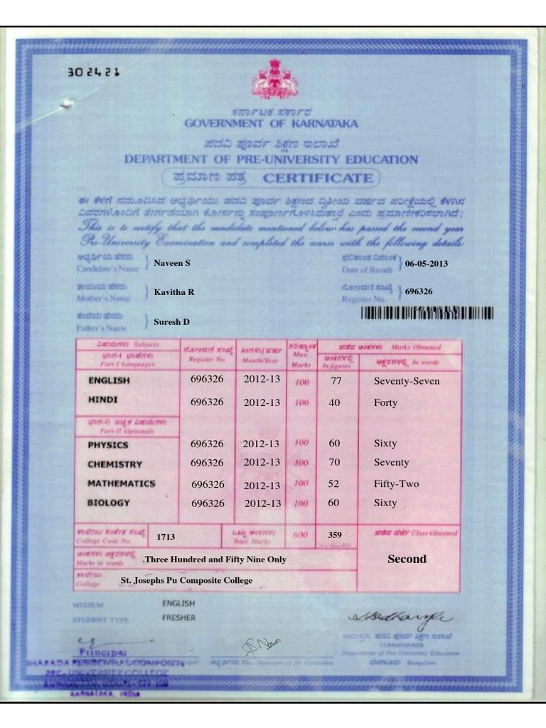 2nd PUC marks Card PDF