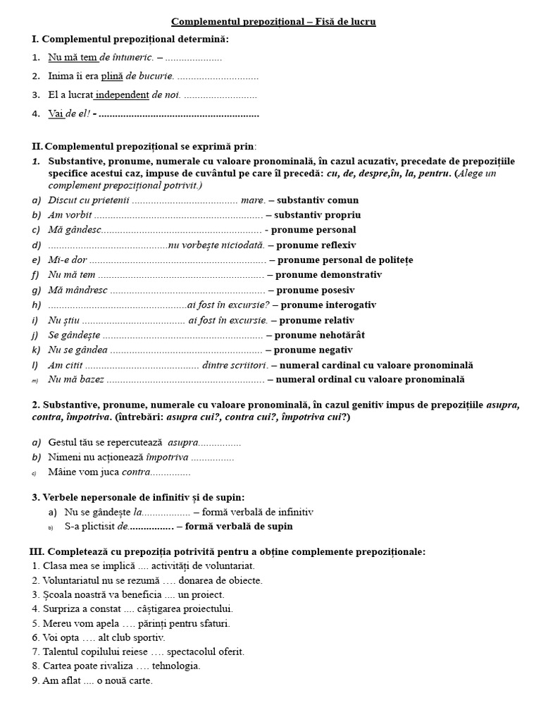 Complement Prepozițional - Exercitii | PDF