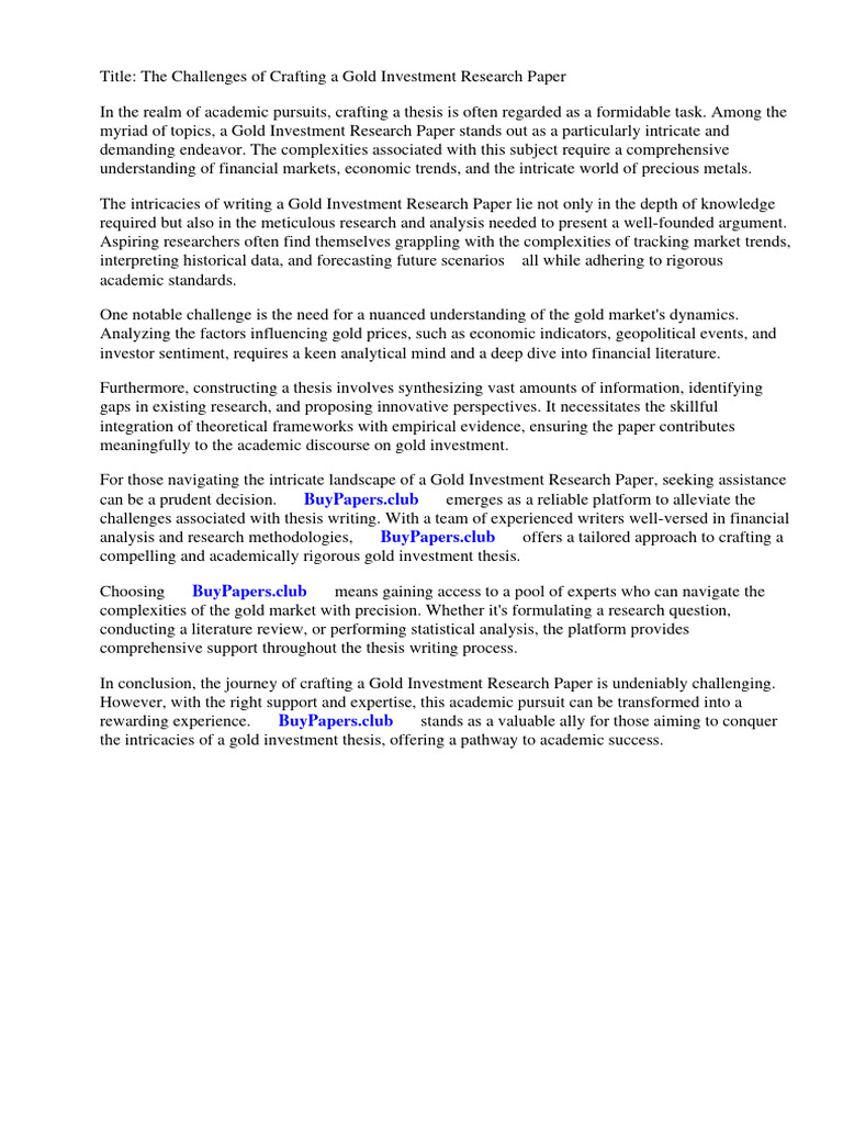 Gold Investment Research Paper PDF Investing Gold As An Investment