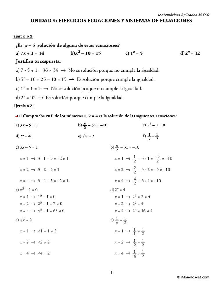 Ejercicios Resueltos de Ecuaciones 4º ESO | PDF | Matemáticas