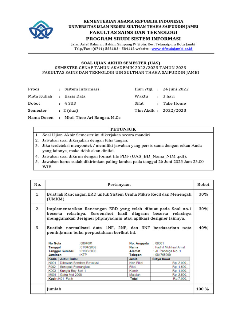UAS Basis Data Sistem Informasi 2023 | PDF